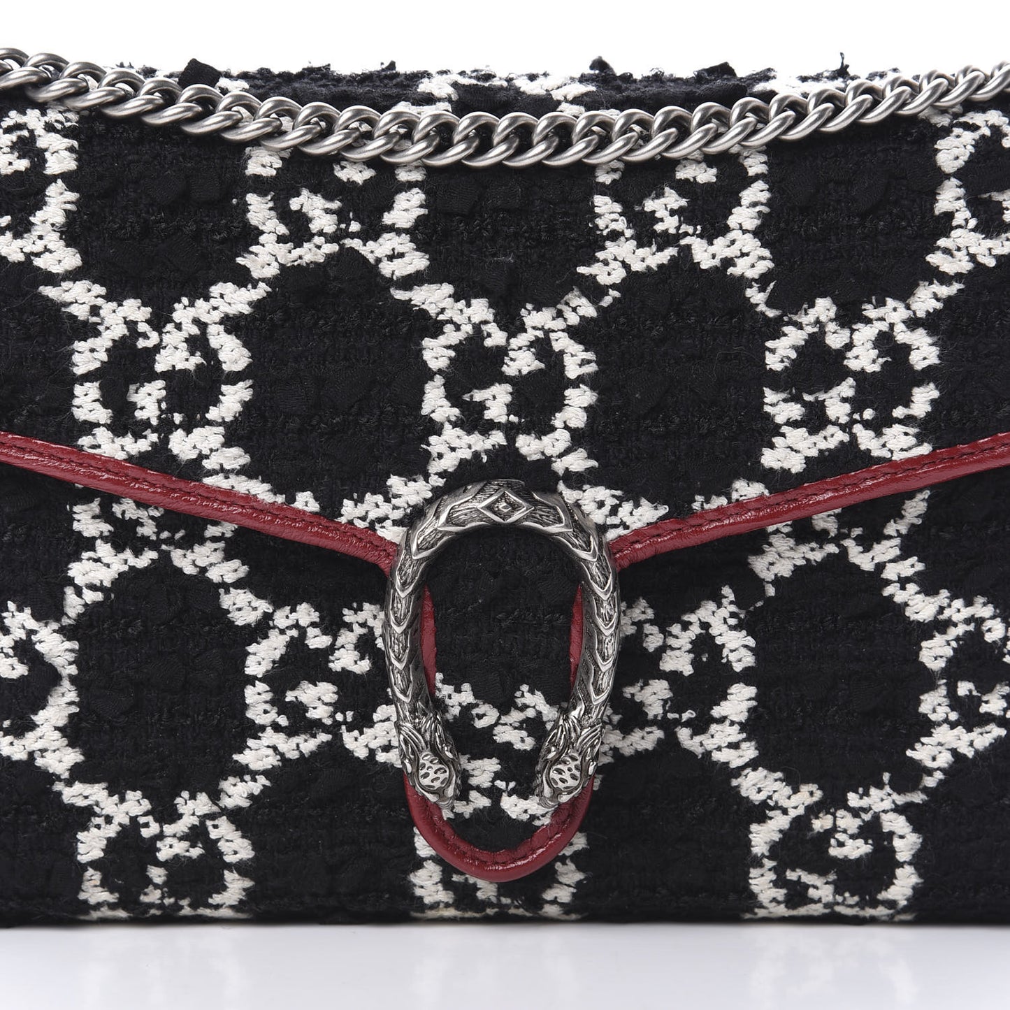 Tweed GG Monogram Mini Dionysus Chain Wallet Black White Romantic Cherry