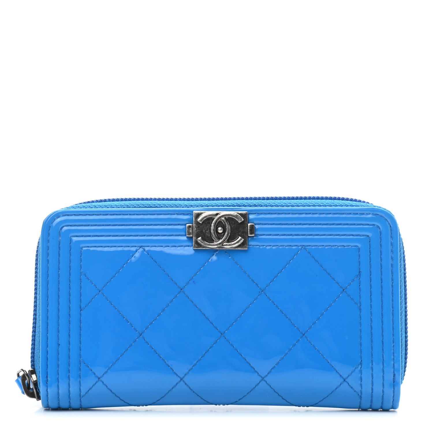 Chanel Patent Quilted Small Boy Zip Around Wallet Blue 1 of 8