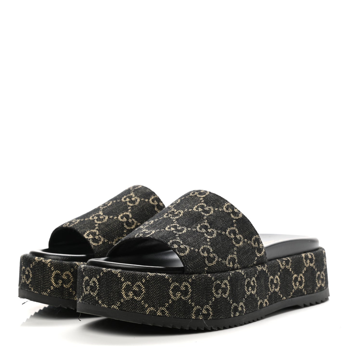 Jacquard Black Denim GG Monogram Angelina Platform 55mm Slide Sandals 38 Black Ivory
