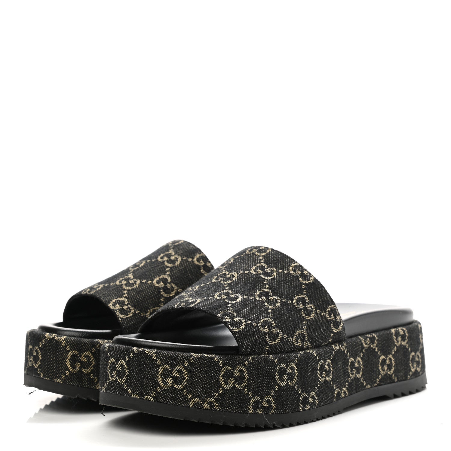 Gucci Jacquard Black Denim GG Monogram Angelina Platform 55mm Slide Sandals 38 Black Ivory 3 of 12