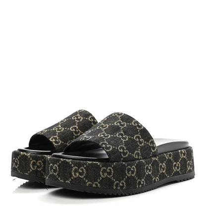 Gucci Jacquard Black Denim GG Monogram Angelina Platform 55mm Slide Sandals 38 Black Ivory 3 of 12