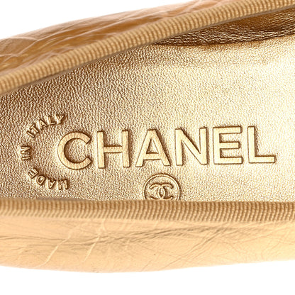 Chanel Metallic Laminated Lambskin Grosgrain CC Cap Toe Ballerina Flats 38 Dark Gold Black 6 of 11