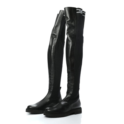 Fendi Nappa Stretch Fabric Logo Rockoko Thigh High Boots 37 Black White 3 of 7