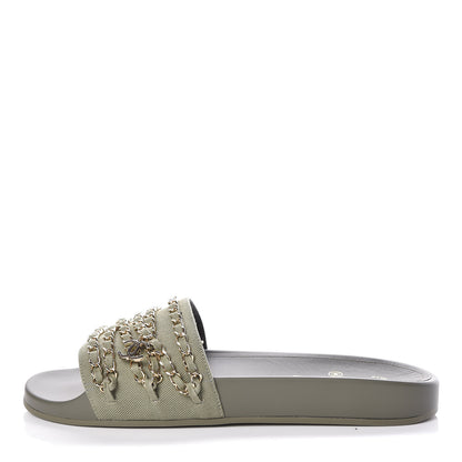 Chanel Canvas Chain Flat Sandals 42 Khaki 1 of 9