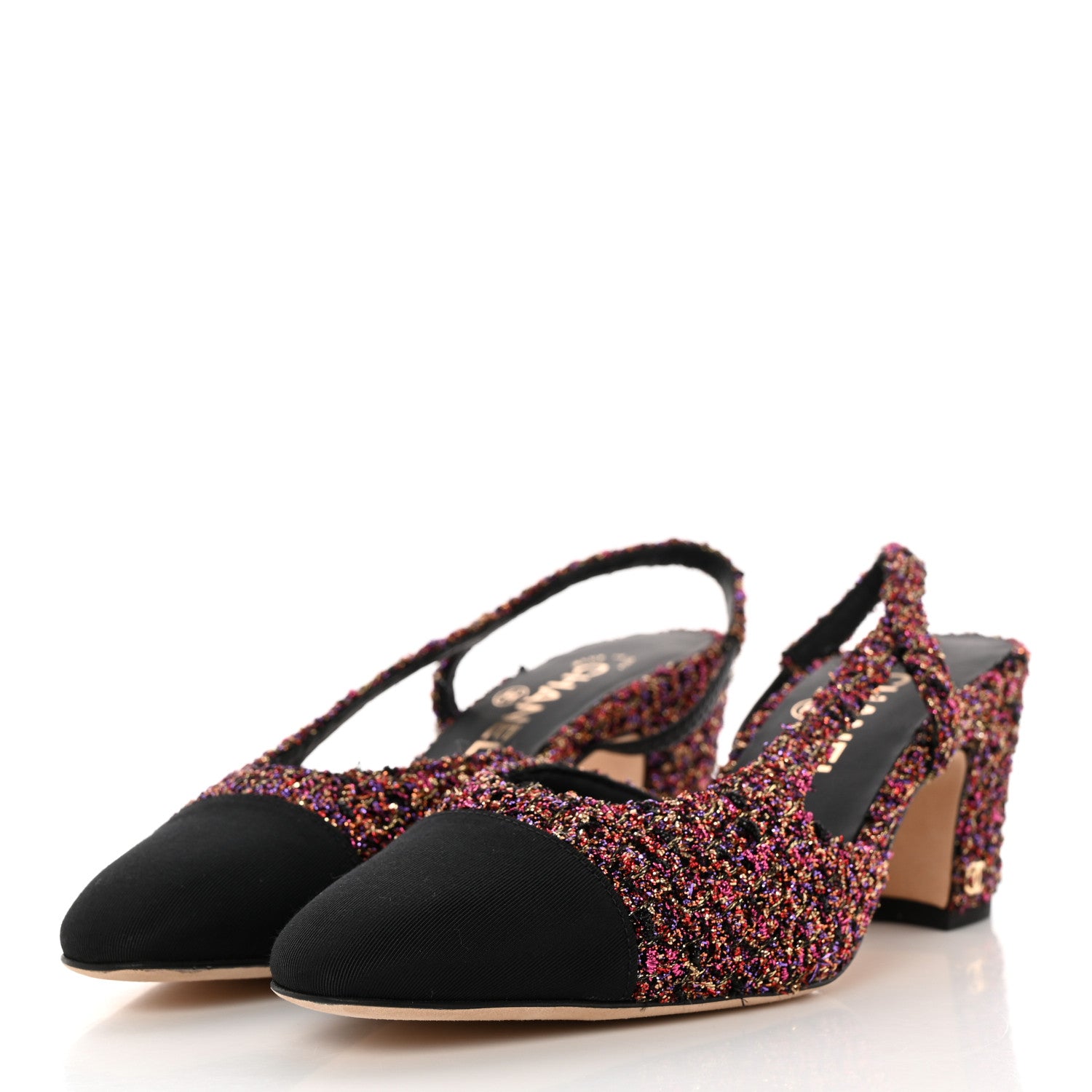 Chanel Tweed Grosgrain Cap Toe CC Slingback Pumps 38 Pink Black 3 of 13