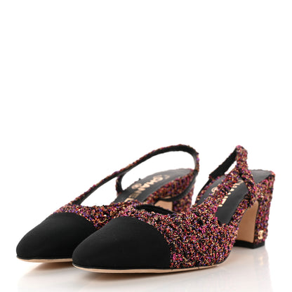 Chanel Tweed Grosgrain Cap Toe CC Slingback Pumps 38 Pink Black 3 of 13