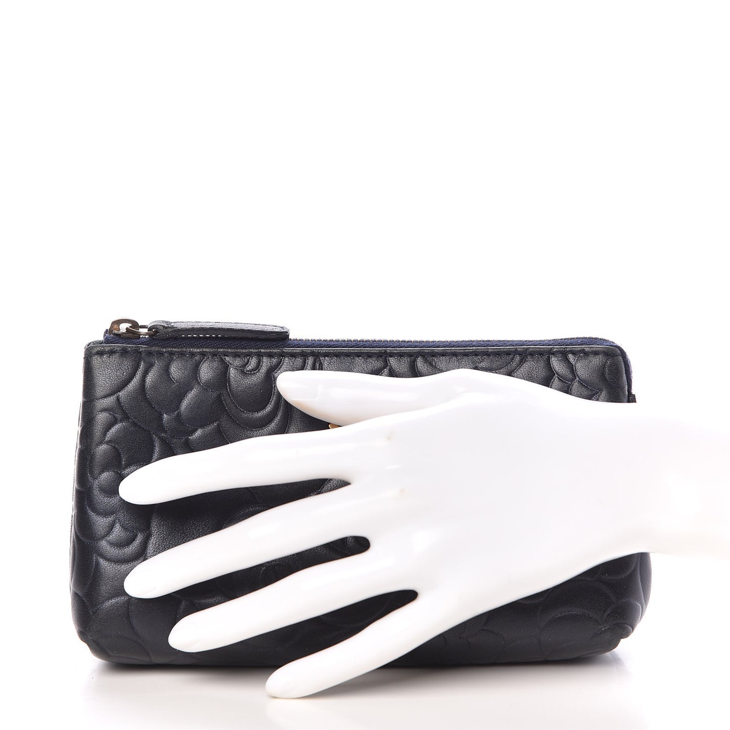 Lambskin Camellia Embossed Cosmetic Case Dark Blue