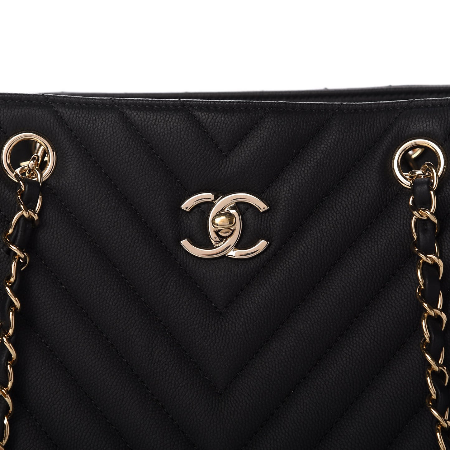 Caviar Chevron Quilted Large Shopping Tote Black