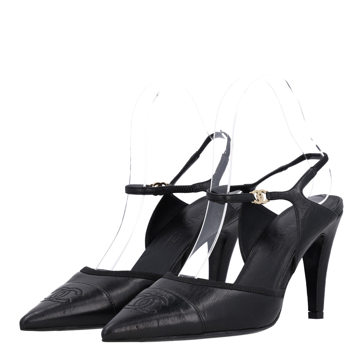 Chanel Iridescent Lambskin Pointed Cap Toe CC Slingback Pumps 37.5 Black 5 of 10