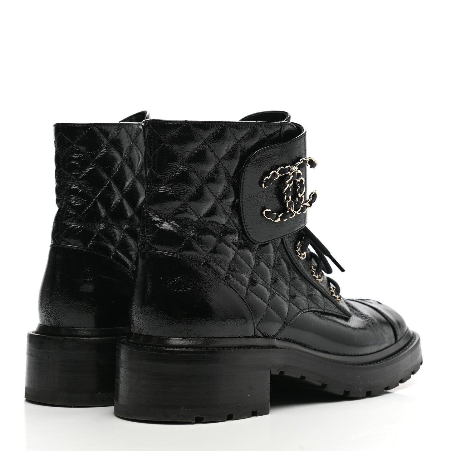 Shiny Calfskin Quilted Lace Up Combat Boots 40.5 Black