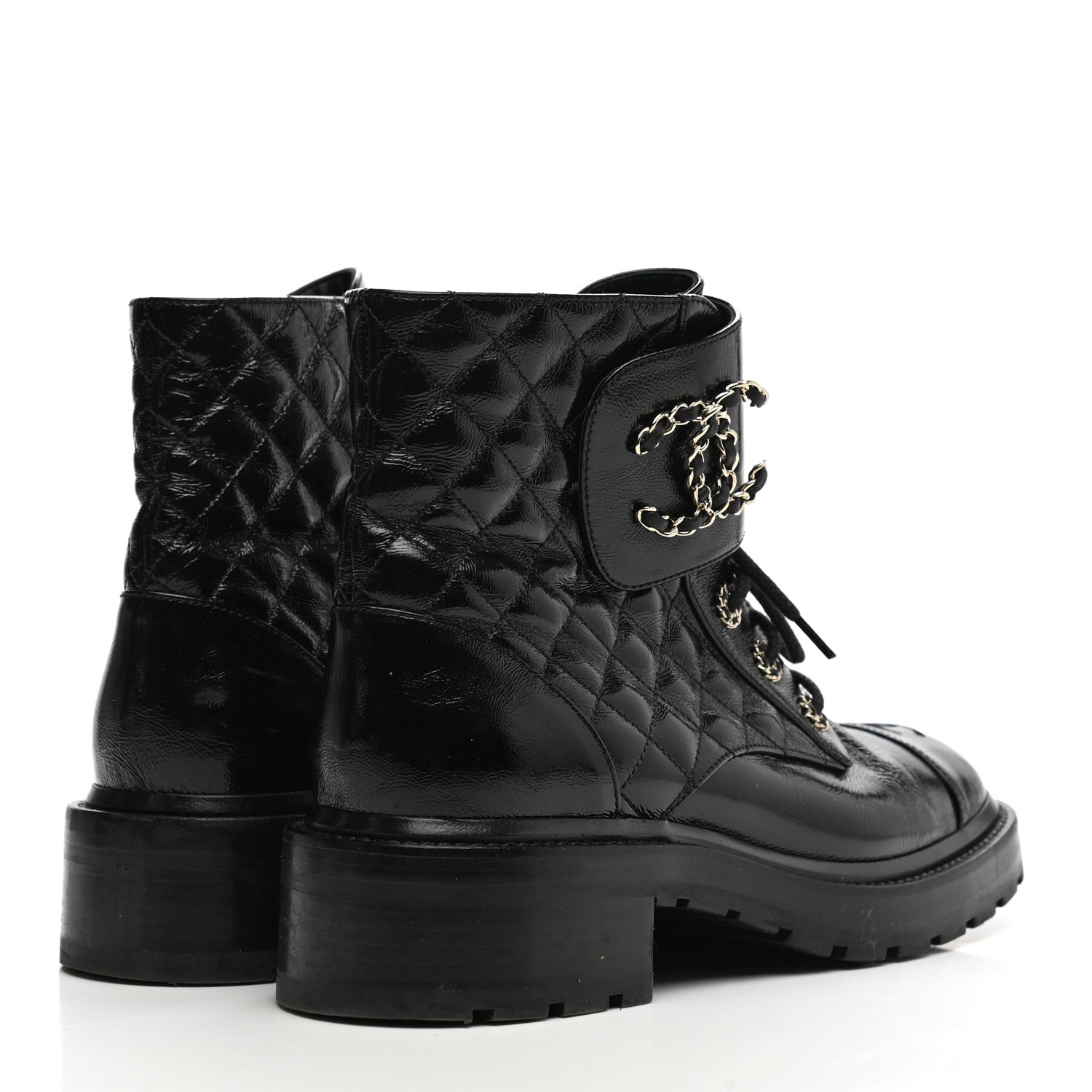 Chanel Shiny Calfskin Quilted Lace Up Combat Boots 40.5 Black 4 of 9