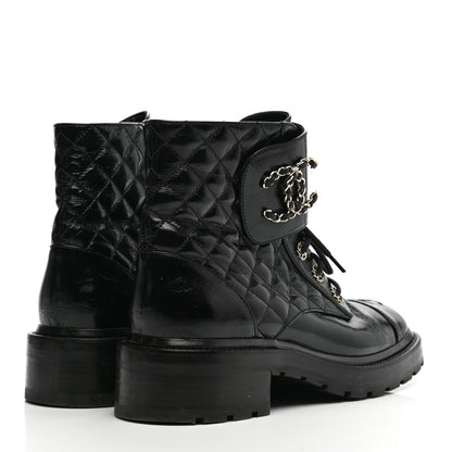 Chanel Shiny Calfskin Quilted Lace Up Combat Boots 40.5 Black 4 of 9