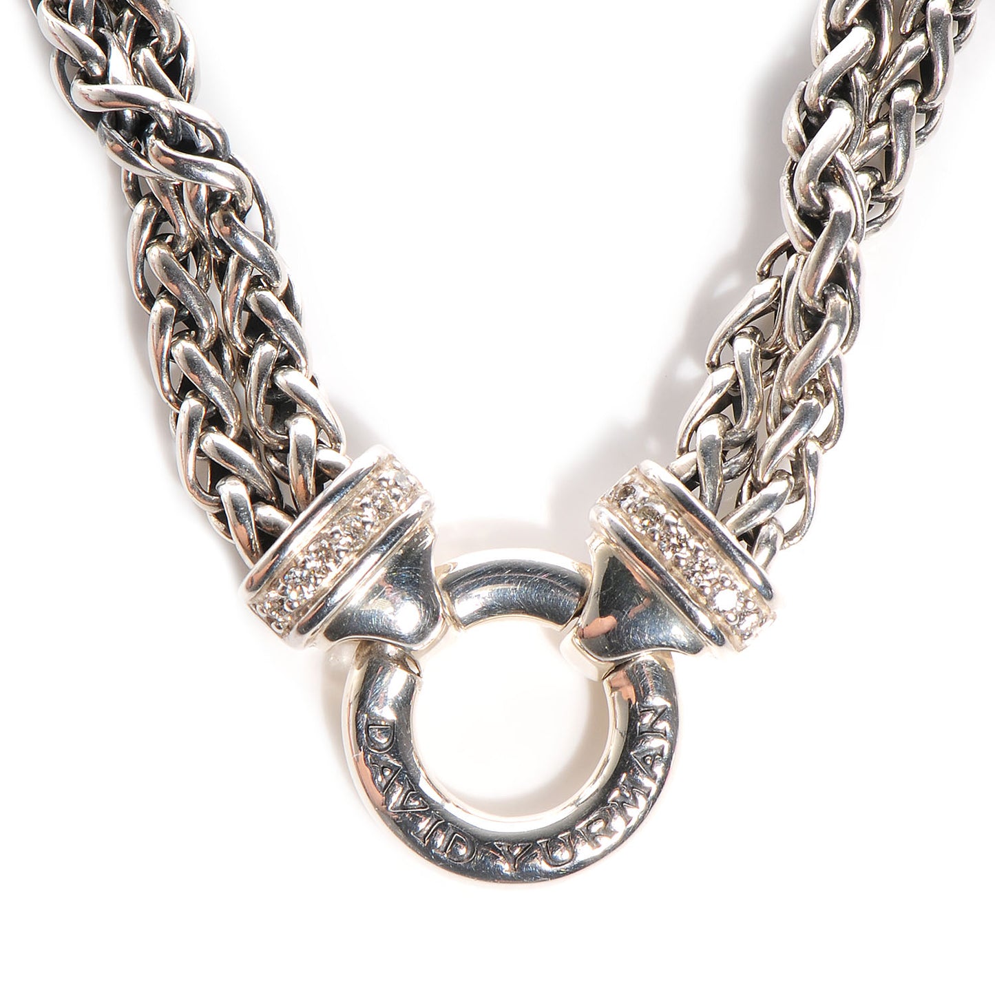 Sterling Silver Pave Diamond Double Wheat Chain Necklace 16 inch