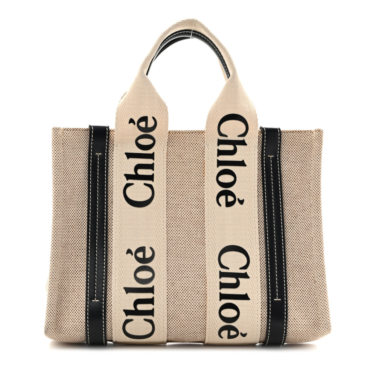 Chloe Linen Calfskin Small Woody Ribbon Tote White Black 1 of 14