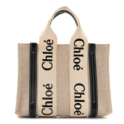Chloe Linen Calfskin Small Woody Ribbon Tote White Black 1 of 14