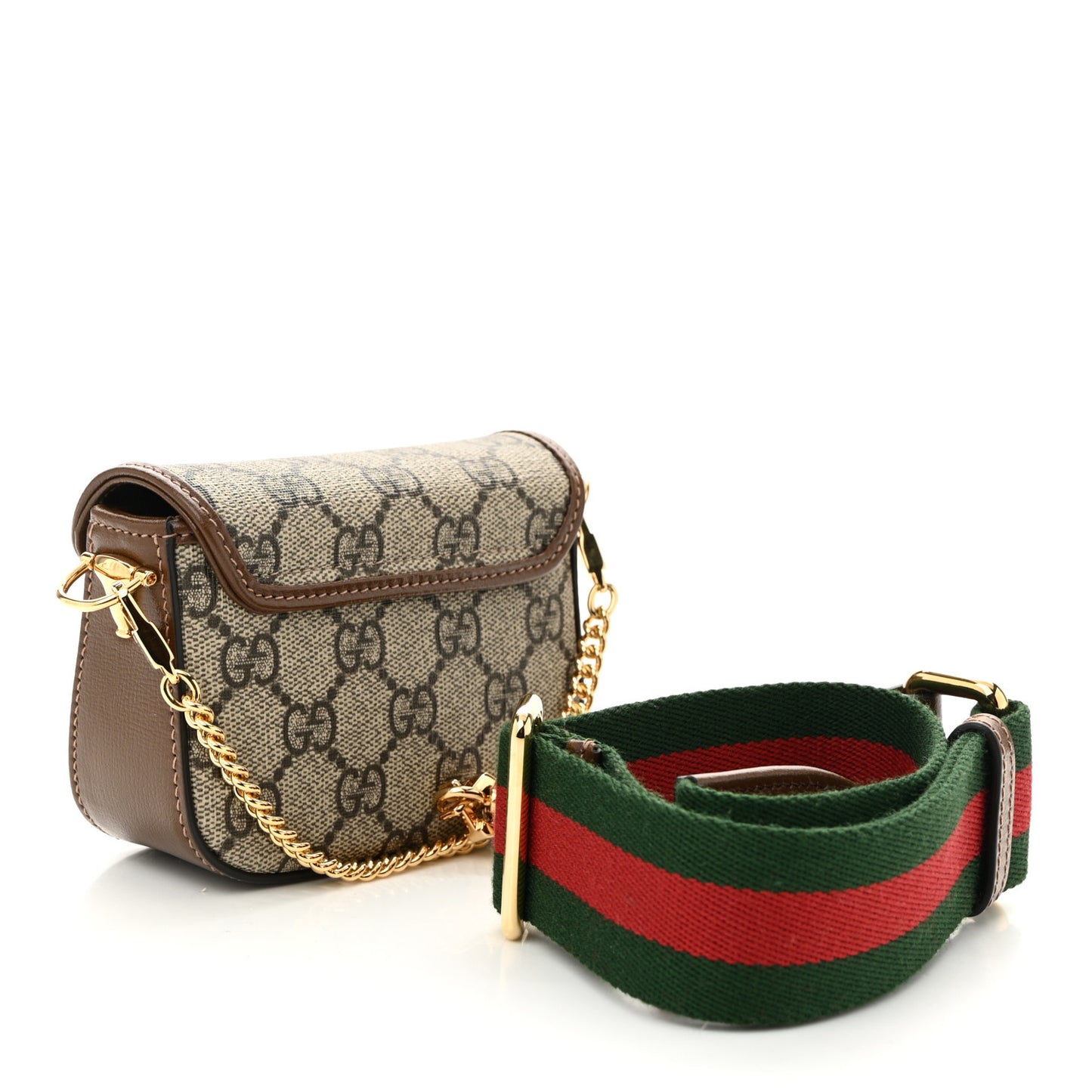 GG Supreme Monogram Azalea Calfskin Web Horsebit 1955 Wallet On Strap Beige Ebony Brown Sugar