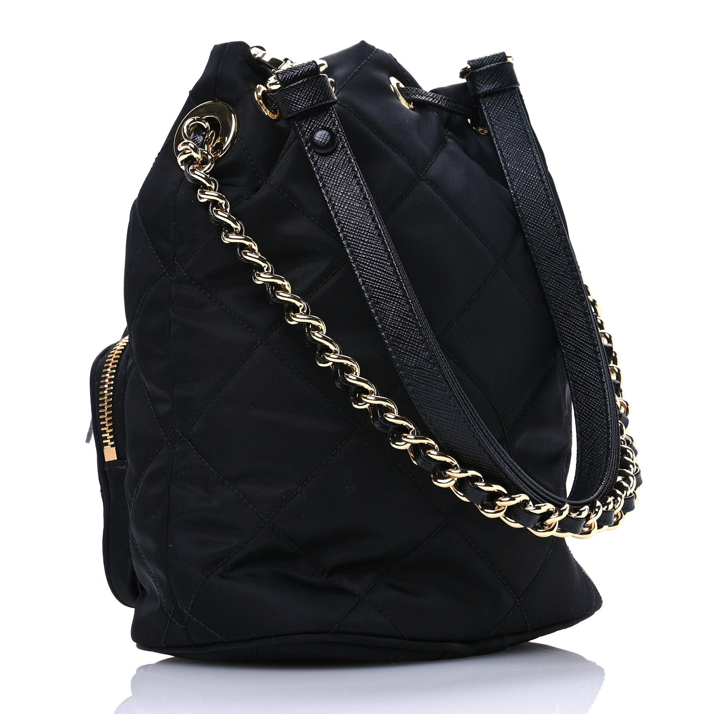 Re-Nylon Saffiano Stitched Re-Edition 1995 Chaine Drawstring Bucket Bag Black