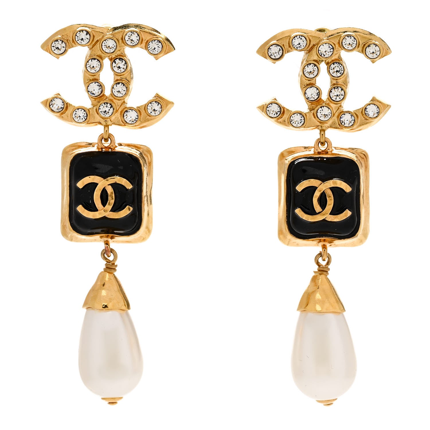 Chanel Crystal Pearl CC Drop Earrings Gold White Black 1 of 5