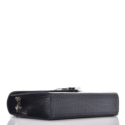 Saint Laurent Calfskin Crocodile Embossed Medium Monogram Envelope Chain Shoulder Bag Navy 4 of 6