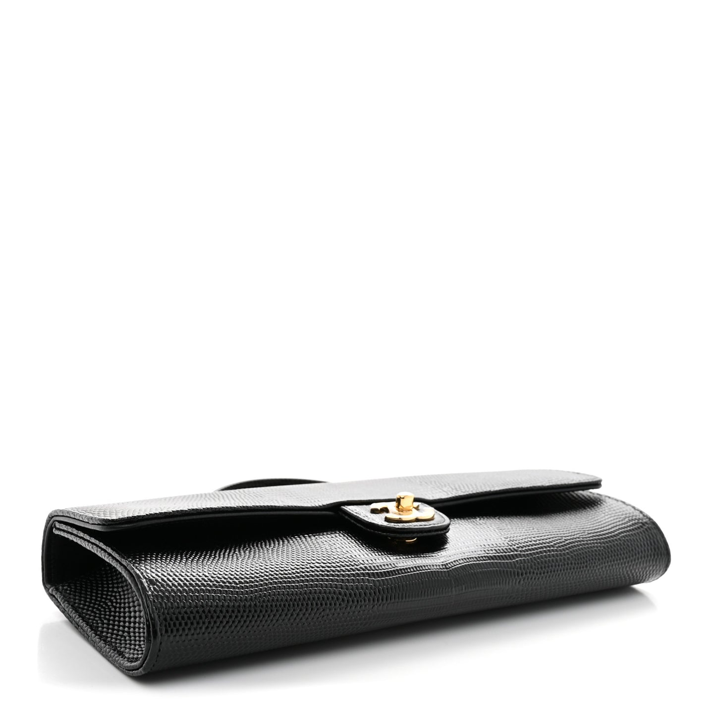 Calfskin Lizard Embossed Top Handle Long Clutch With Chain Black