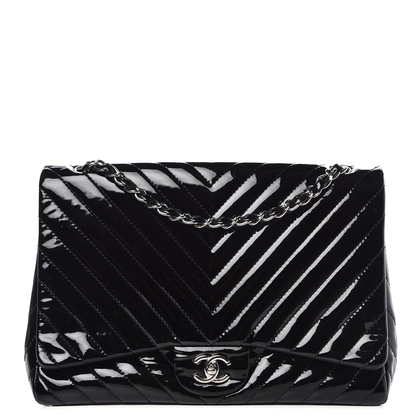 Patent Chevron Quilted Maxi Single Flap Black