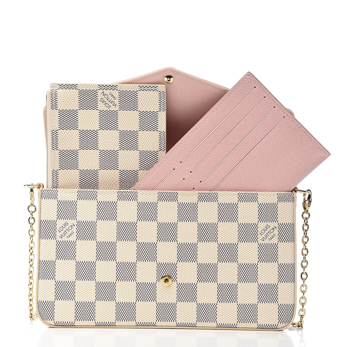 Damier Azur Pochette Felicie Chain Wallet Rose Ballerine