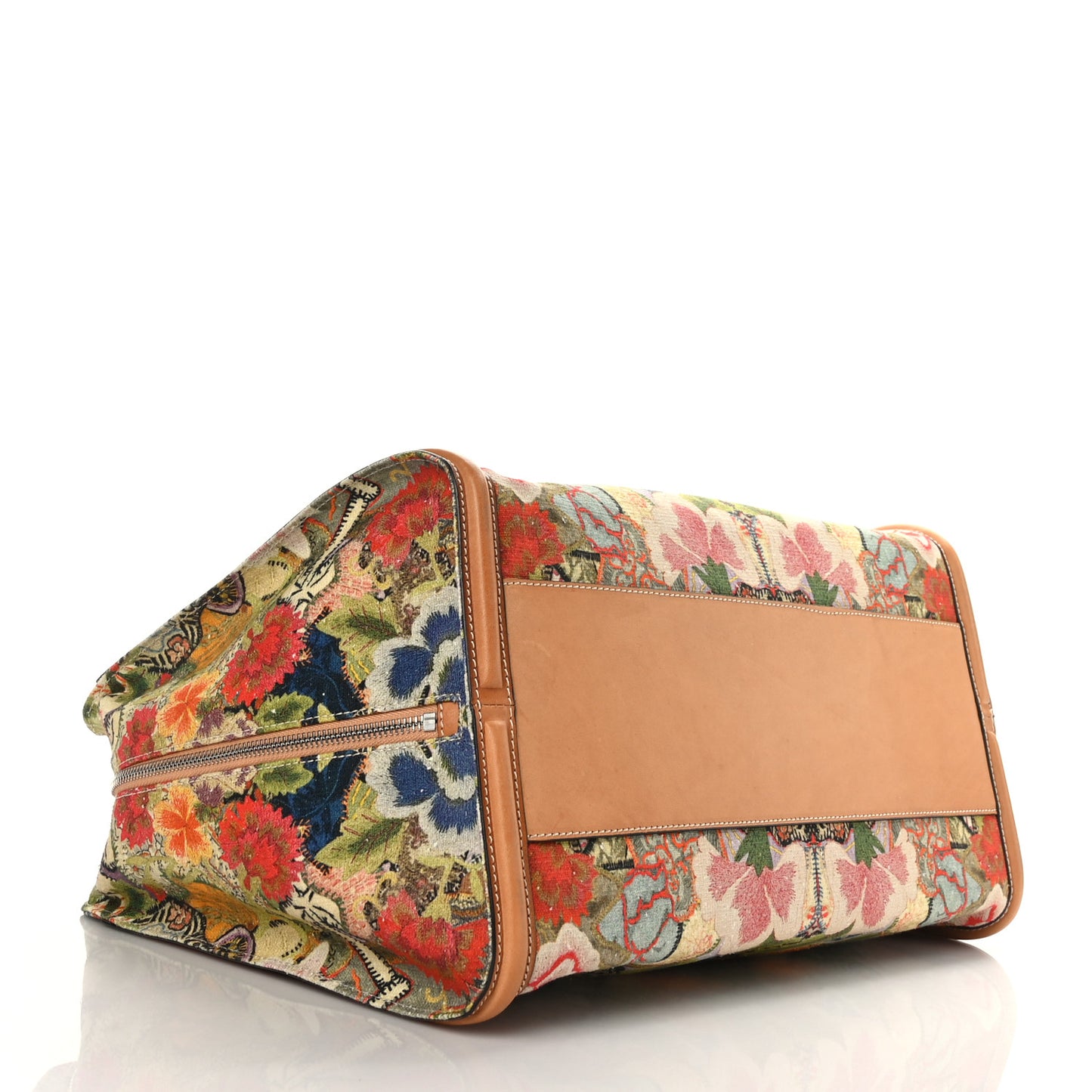 Printed Canvas Floral Embroidered Small Skull Padlock Zip Around Tote Multicolor