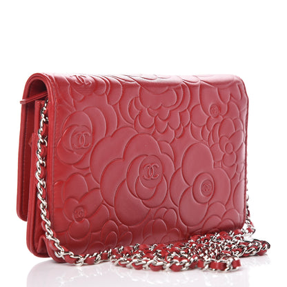Chanel Lambskin Camellia Embossed Wallet On Chain WOC Red 3 of 10