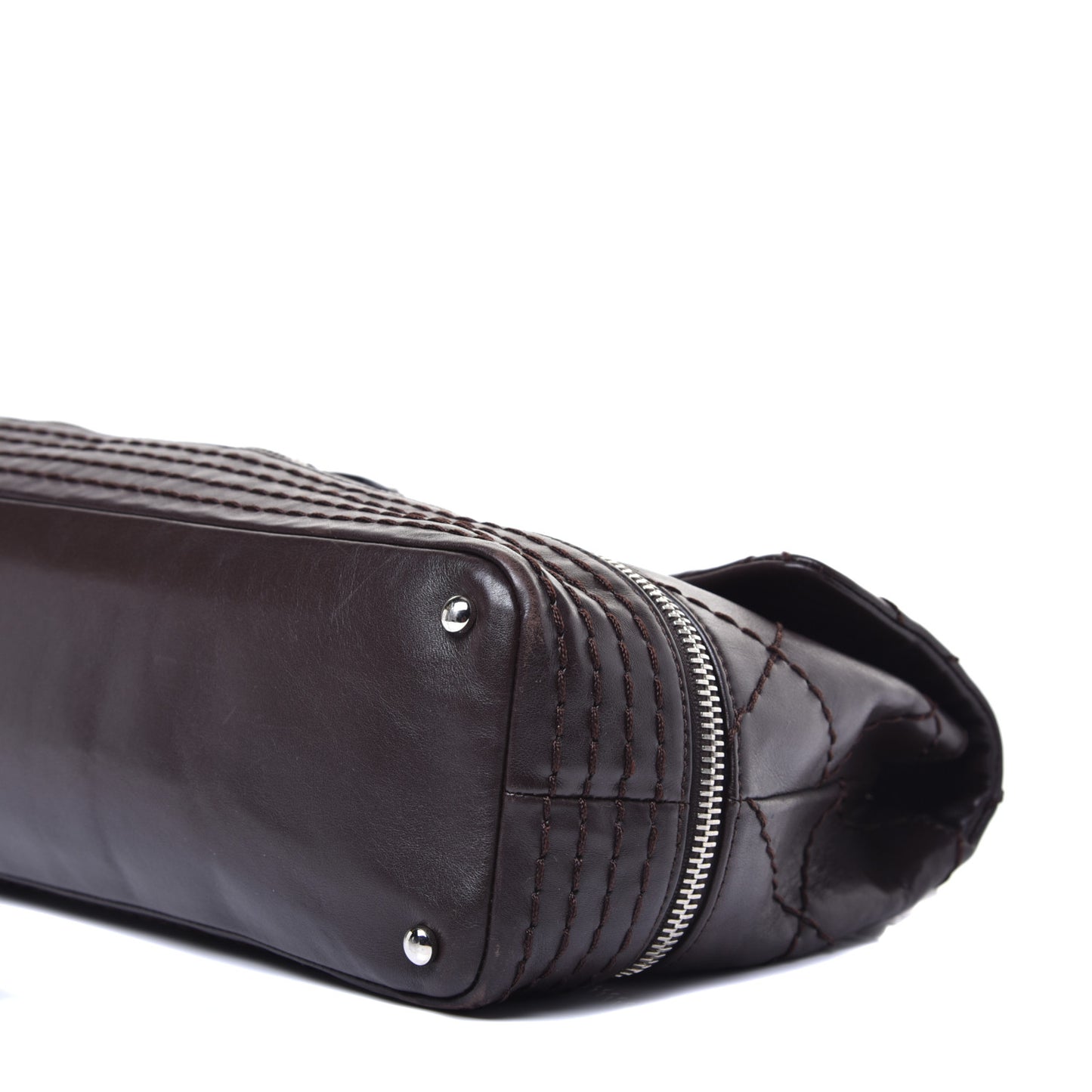 Calfskin Stitched Large Expandable Flap Bag Dark Brown