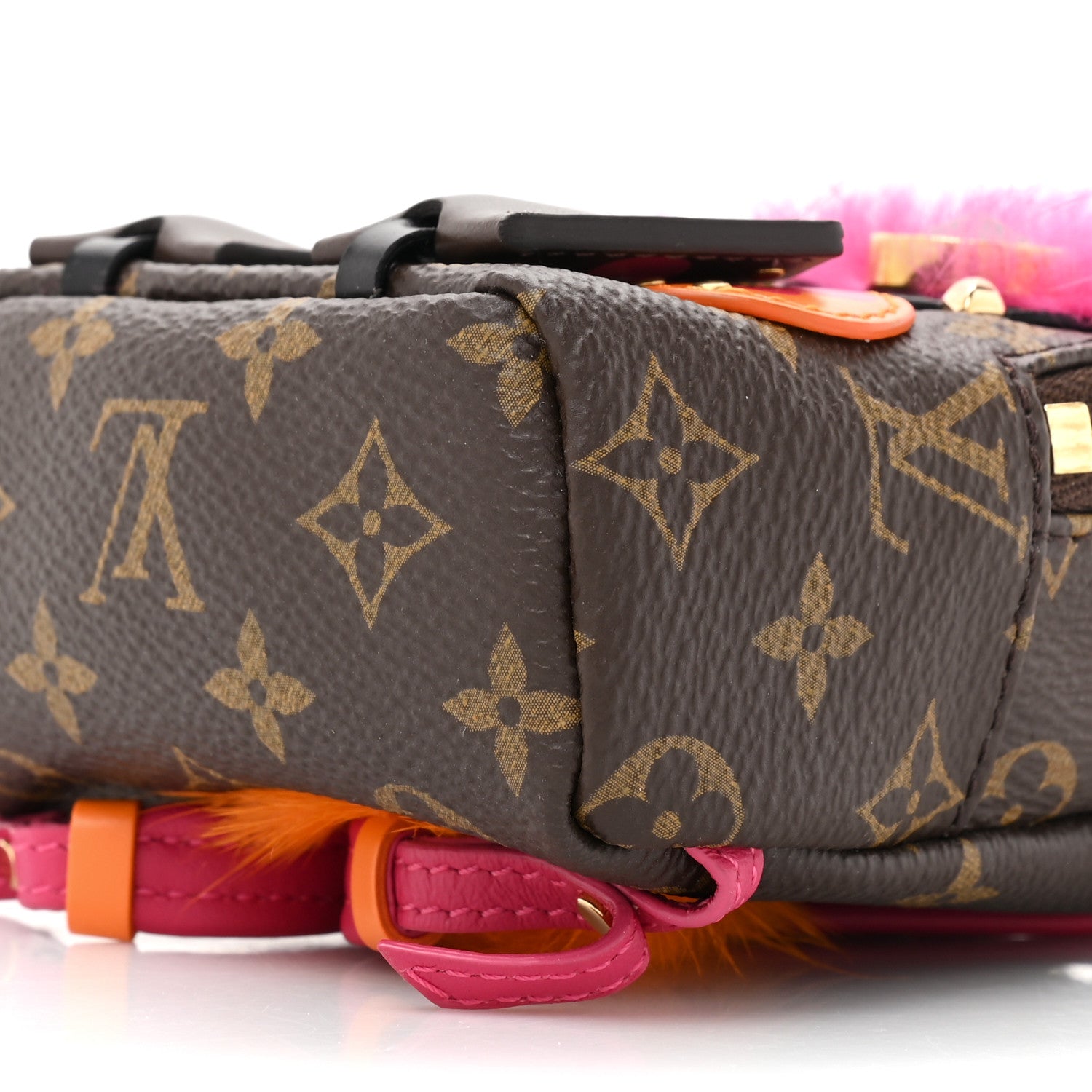Louis Vuitton Monogram Calfskin Mink Fur Palm Springs Bear Bag Charm Key Holder Pink Orange 7 of 11
