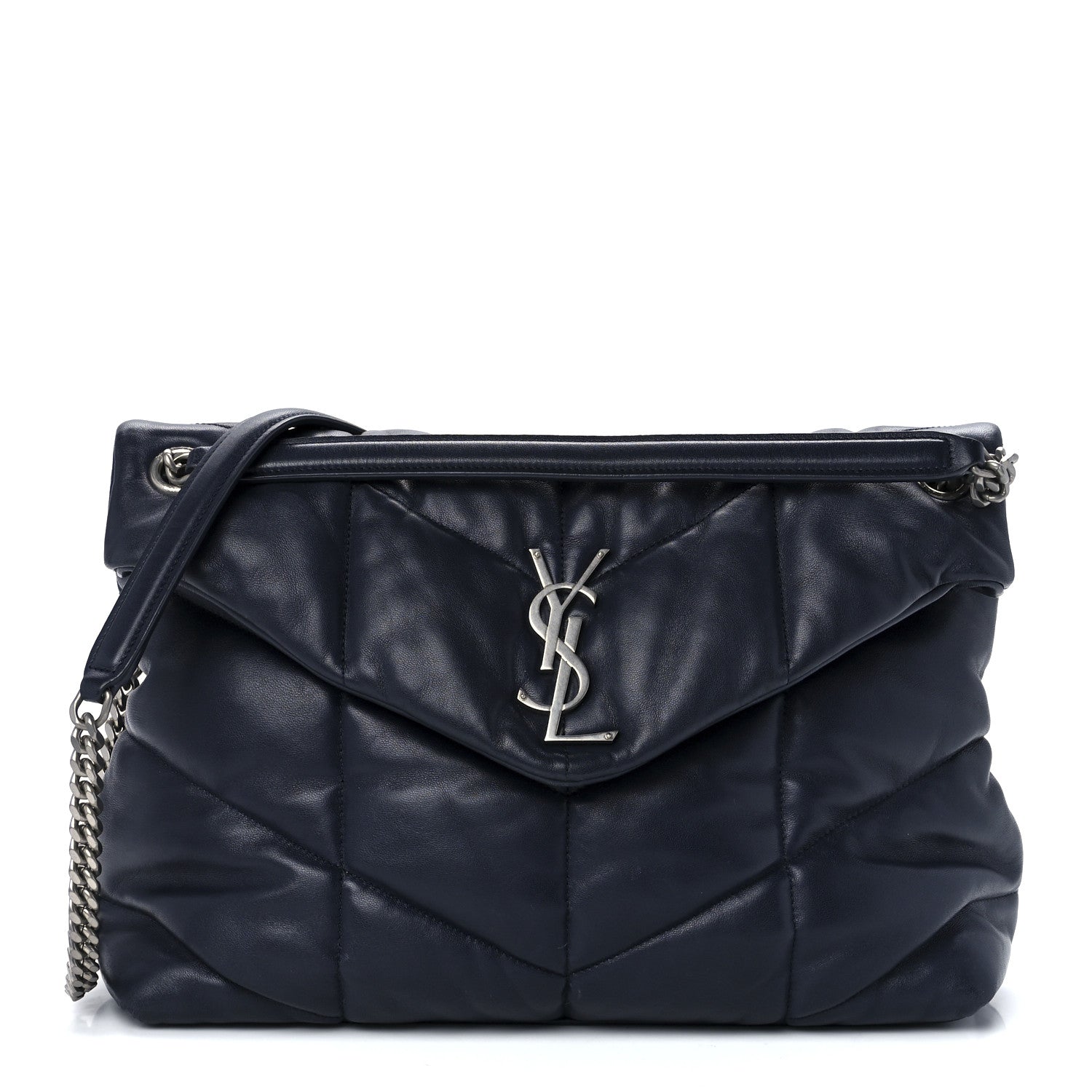 Saint Laurent Lambskin Quilted Medium Loulou Puffer Monogram Chain Satchel Navy 1 of 14