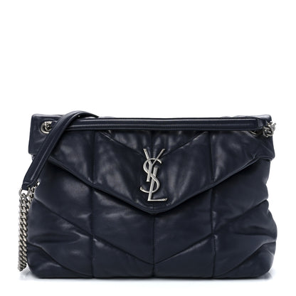 Saint Laurent Lambskin Quilted Medium Loulou Puffer Monogram Chain Satchel Navy 1 of 14