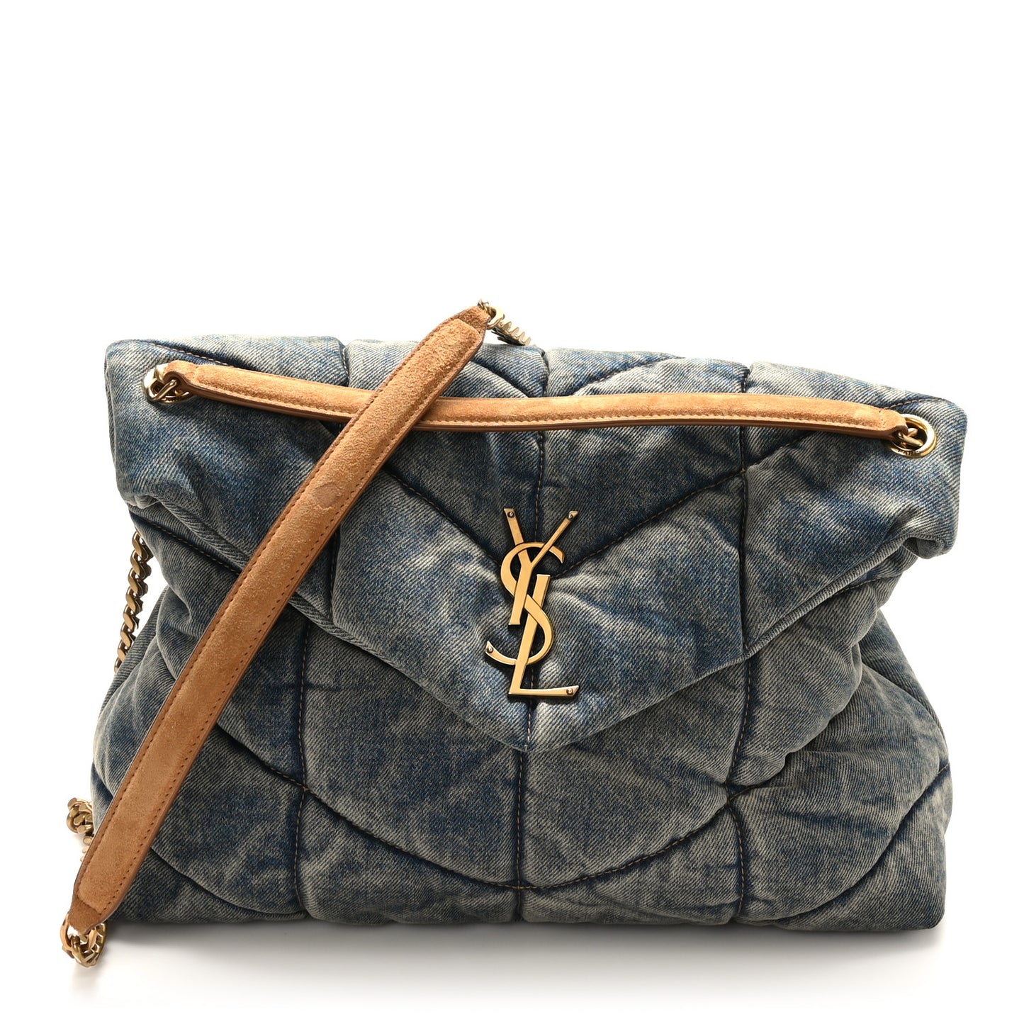 Denim Quilted Medium Loulou Puffer Monogram Chain Satchel Blue Cinnamon