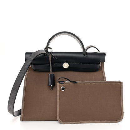 Hermes Vache Hunter Toile Herbag Zip 31 PM Etoupe Bleu Saphir 3 of 12