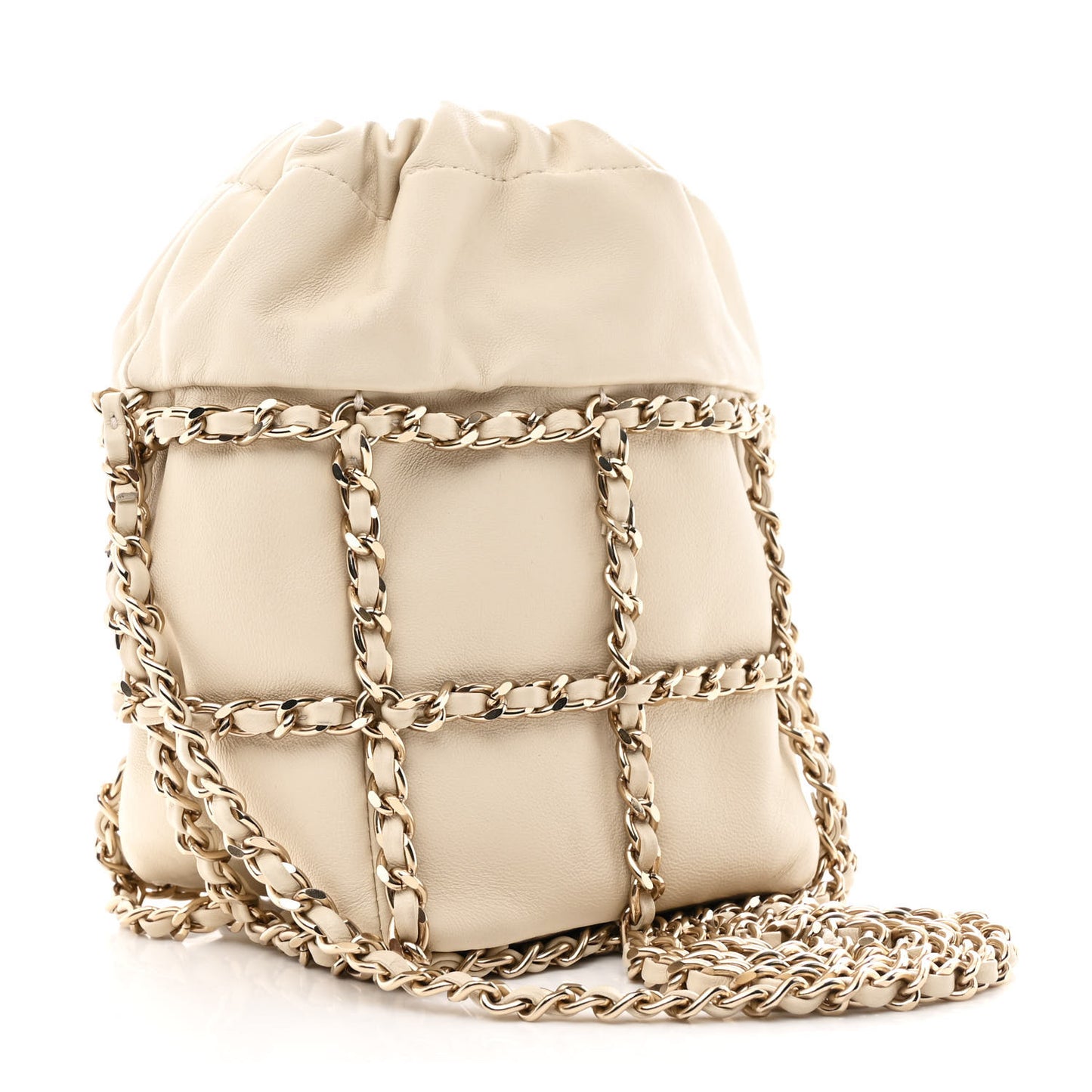 Lambskin Bucket Chain Drawstring Bag Beige