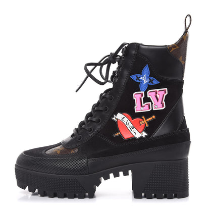 Louis Vuitton Suede Calfskin Monogram LV Black Heart Laureate Platform Desert Boots 37.5 Black 1 of 8