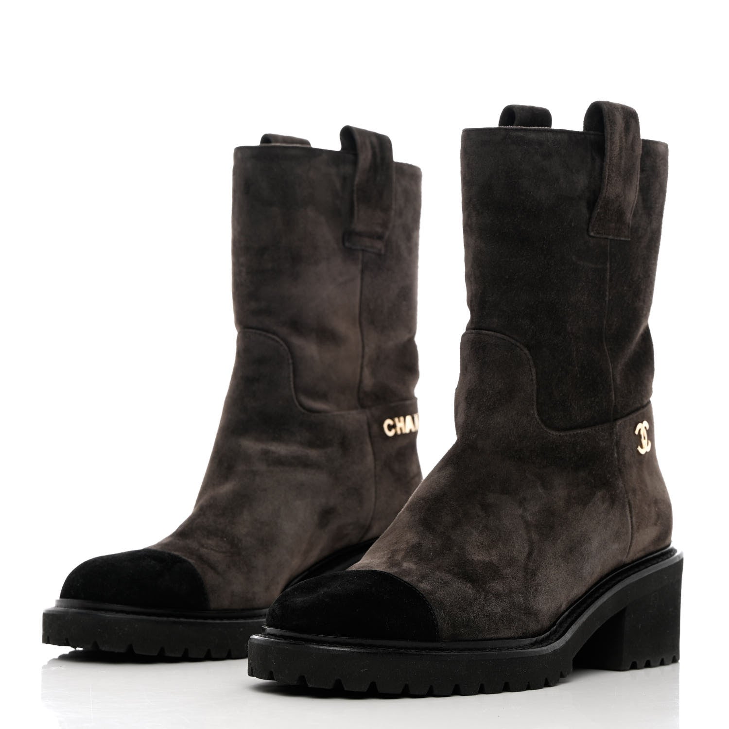 Chanel Suede Calfskin CC Cap Toe Boots 36.5 Black Brown 3 of 11