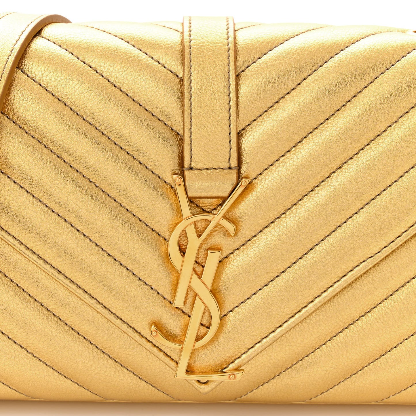 Metallic Calfskin Matelasse Chevron Small Monogram Chain Shoulder Bag Gold