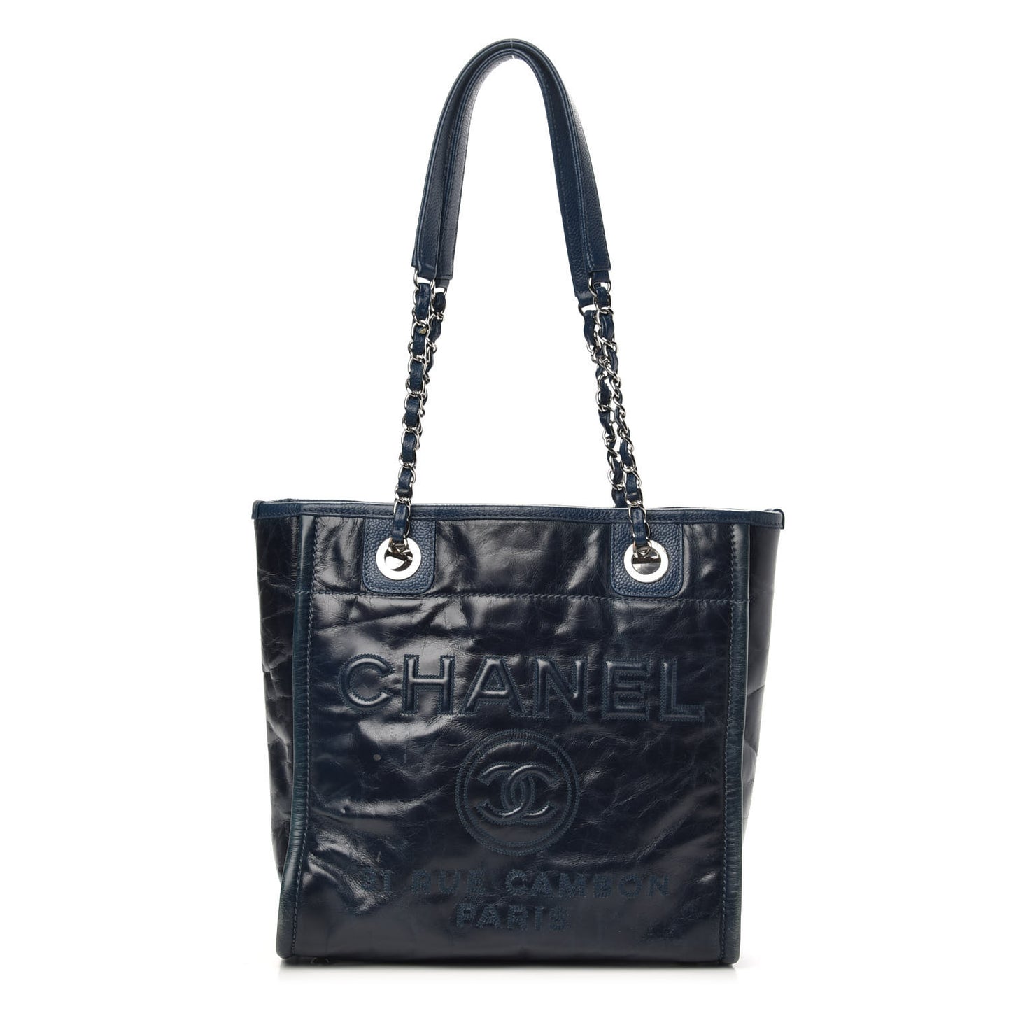 Glazed Calfskin Mini Deauville Tote Blue