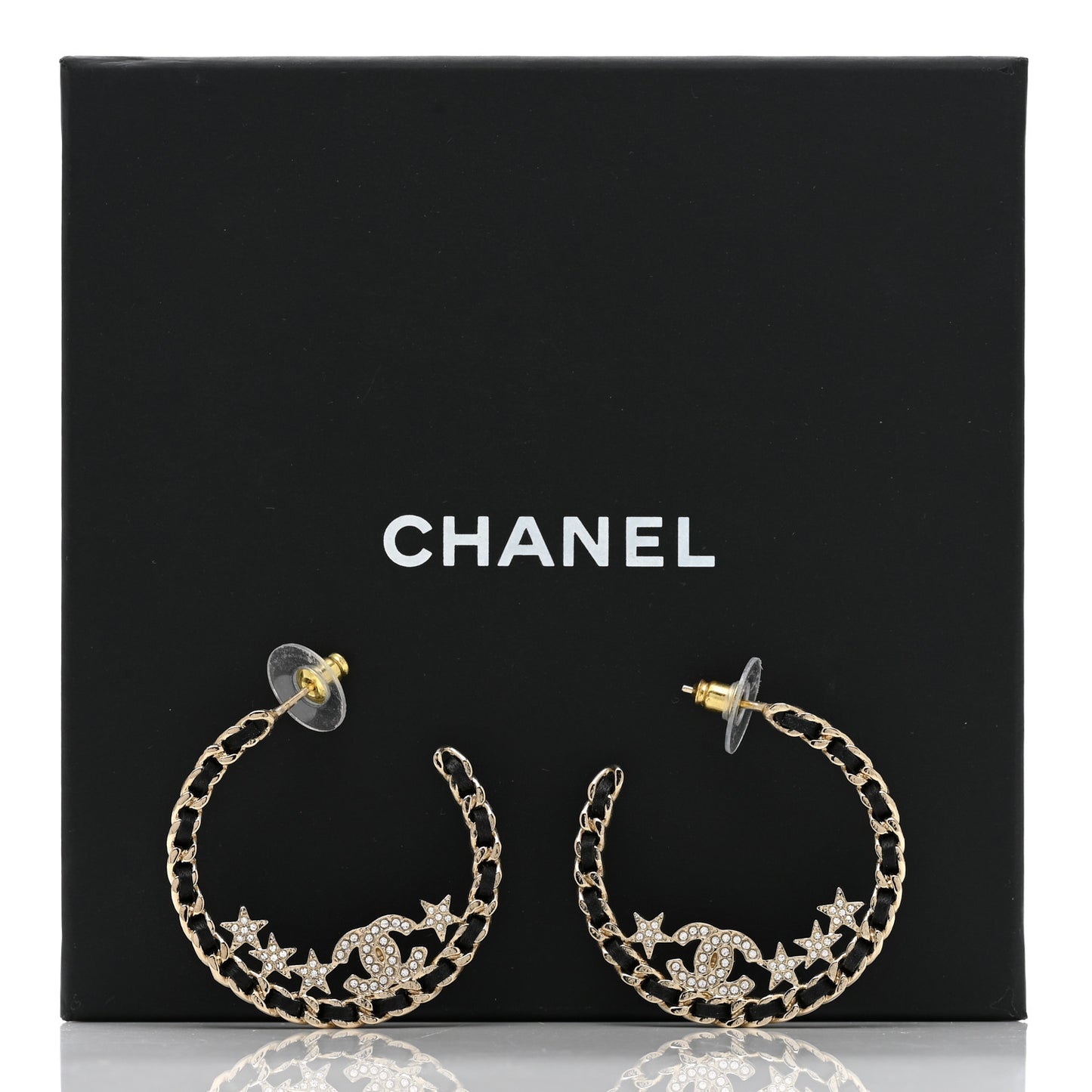 Lambskin Chain Crystal CC Star Chain Hoop Earrings Gold Black