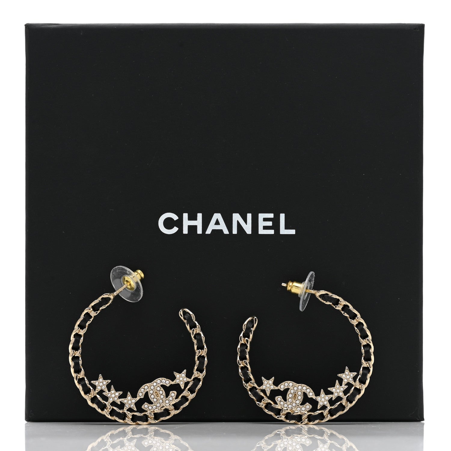 Chanel Lambskin Chain Crystal CC Star Chain Hoop Earrings Gold Black 5 of 5