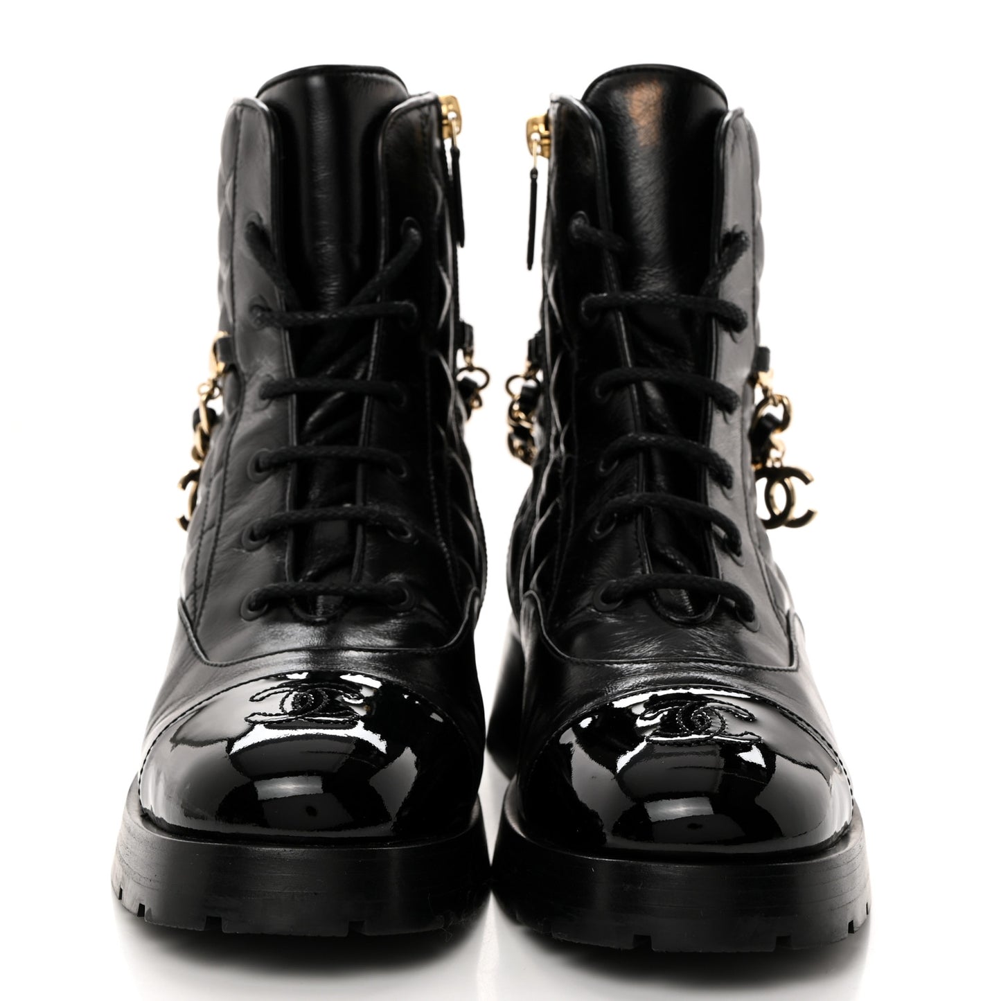 Shiny Calfskin Patent Quilted Chain Lace Up Combat Boots 38.5 Black