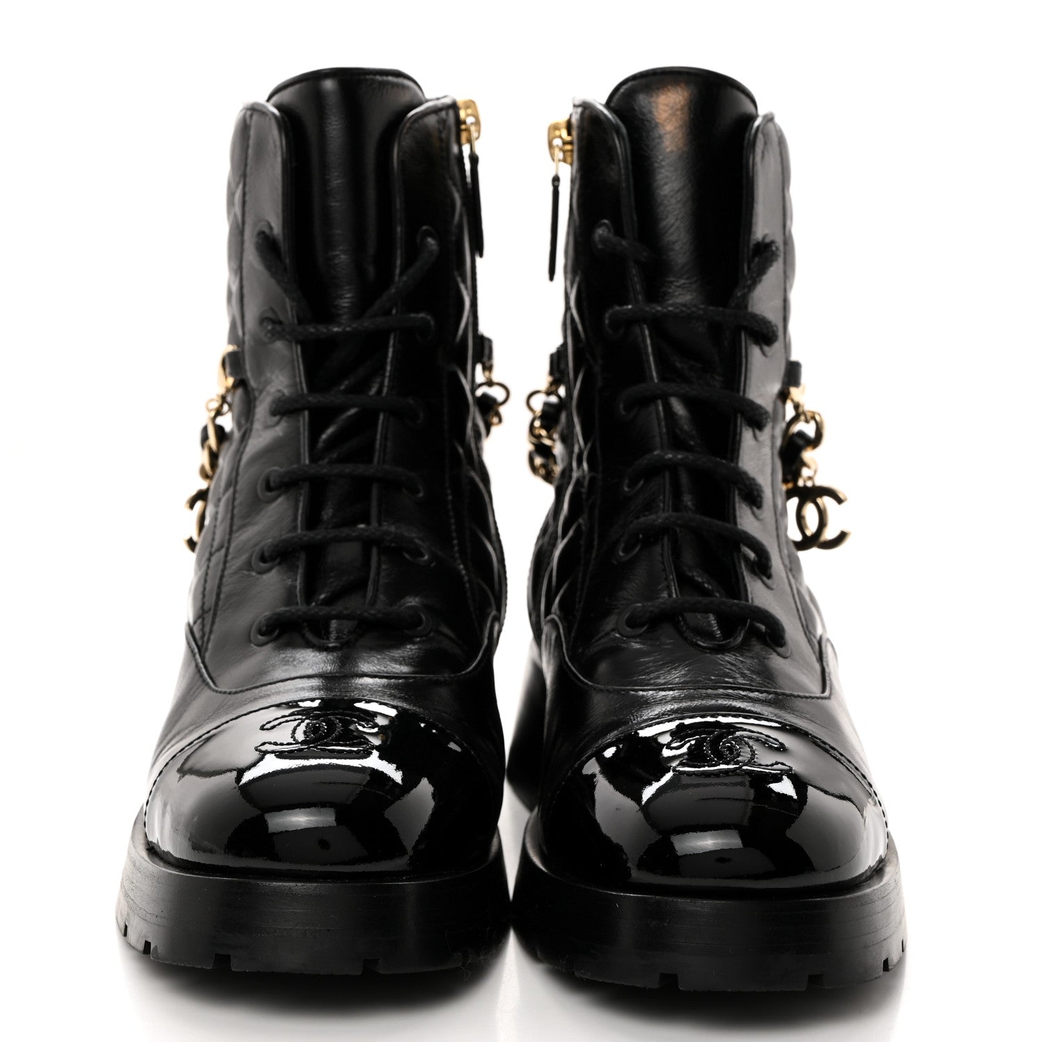 Chanel Shiny Calfskin Patent Quilted Chain Lace Up Combat Boots 38.5 Black 2 of 9