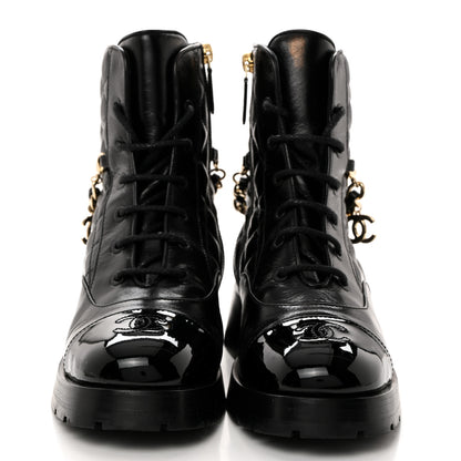 Chanel Shiny Calfskin Patent Quilted Chain Lace Up Combat Boots 38.5 Black 2 of 9