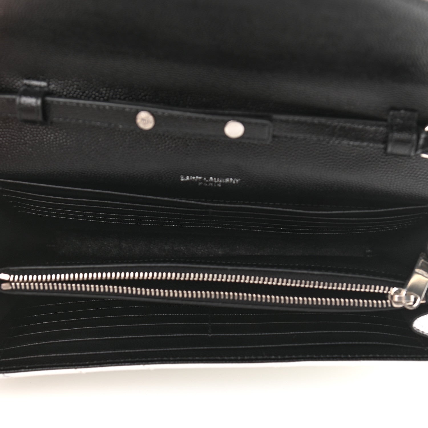 Saint Laurent Grain De Poudre Matelasse Bi-Color Chevron Monogram Chain Wallet White Black 5 of 10