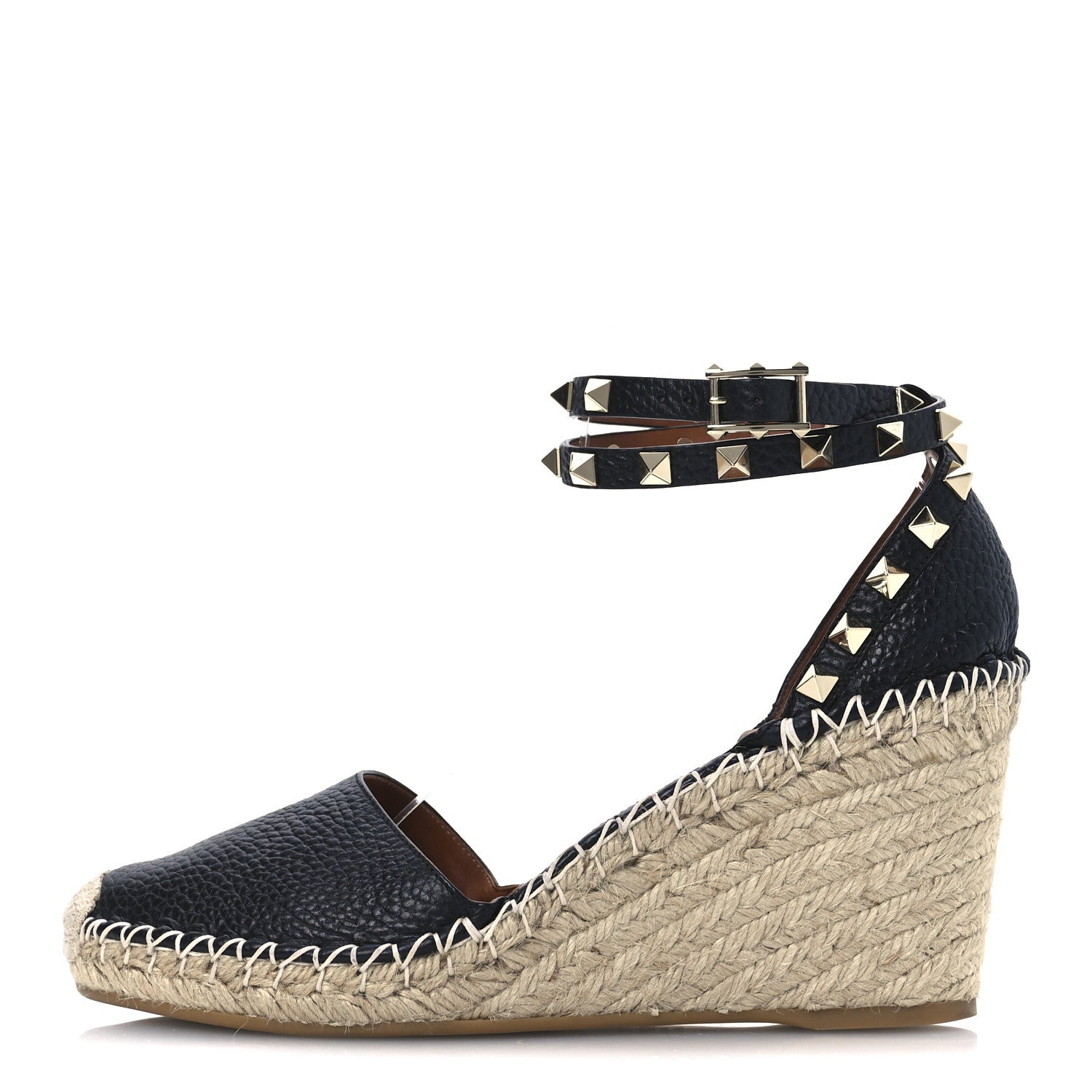 Valentino Garavani Grained Calfskin Rockstud Ankle Wrap Espadrille 15/85mm Wedges 38 Black Light Cuir 1 of 10