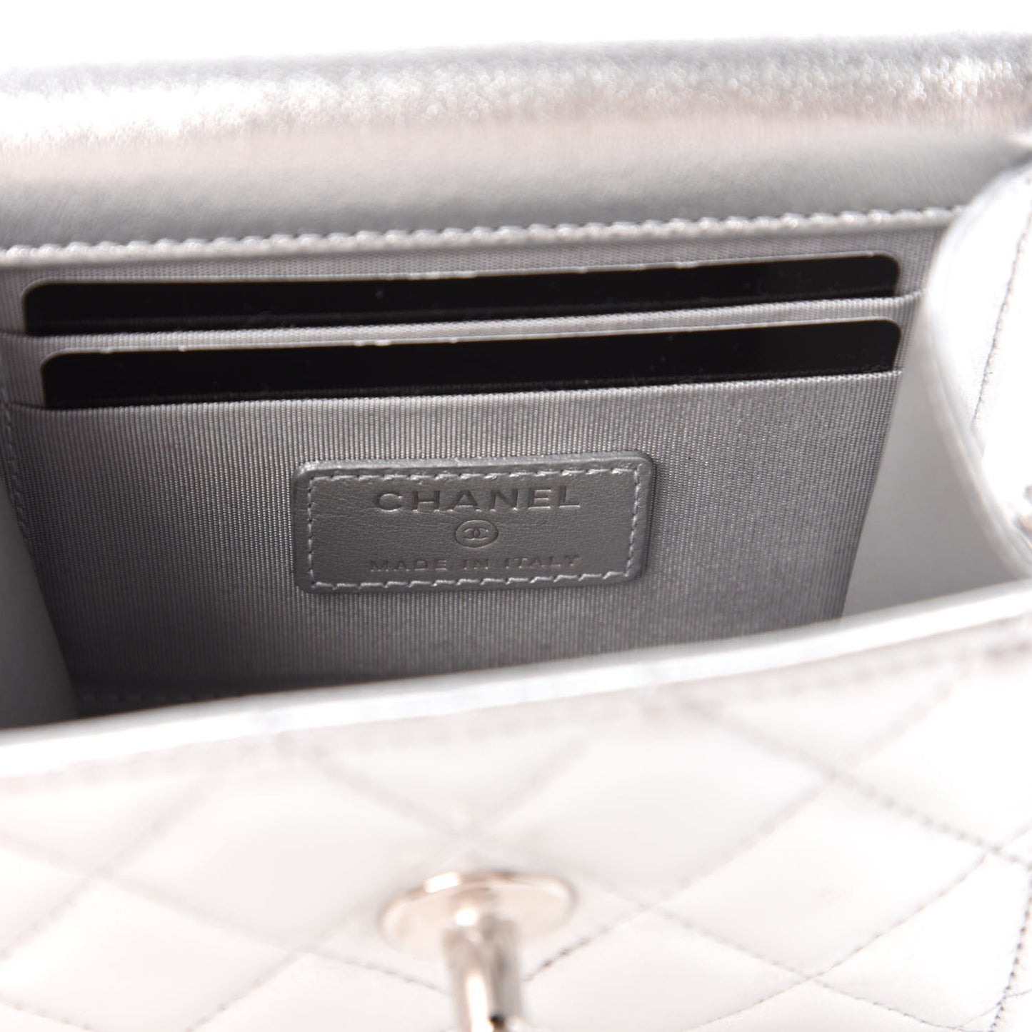 Metallic Lambskin Quilted Mini Trendy CC Clutch With Chain Silver