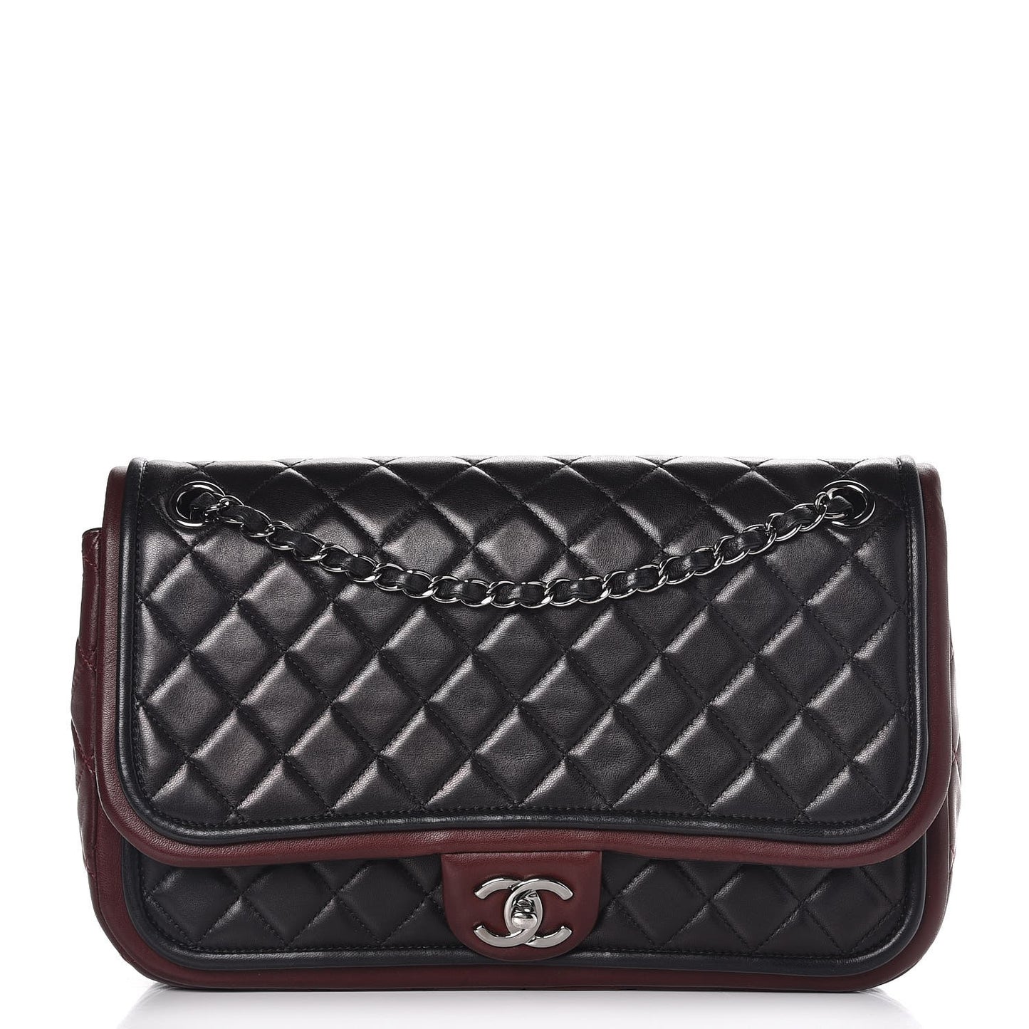 Lambskin Quilted Large Twist Two Tone Flap Bag Black Burgundy