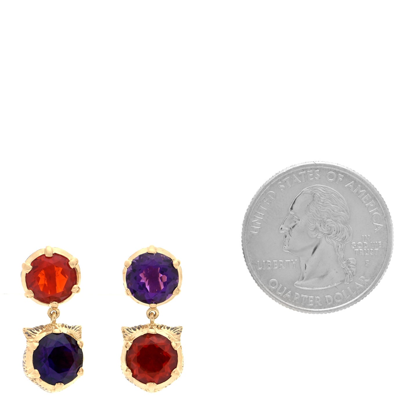 18K Yellow Gold Diamond Amethyst Fire Opal Le Marché des Merveilles Feline Drop Earrings