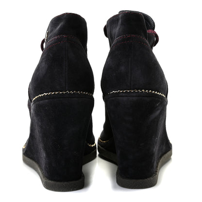 Chanel Suede Calfskin Lace Up Wedge Booties 39.5 Dark Blue 4 of 7